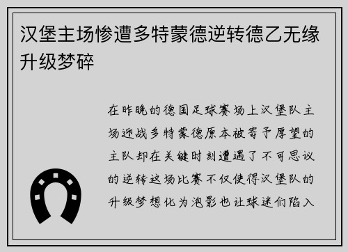 汉堡主场惨遭多特蒙德逆转德乙无缘升级梦碎