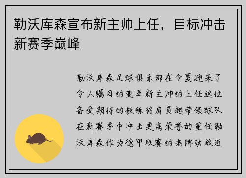 勒沃库森宣布新主帅上任,目标冲击新赛季巅峰