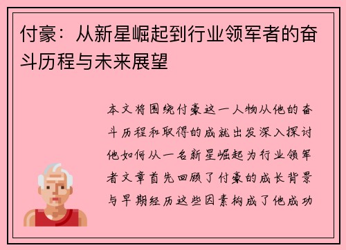 付豪:从新星崛起到行业领军者的奋斗历程与未来展望