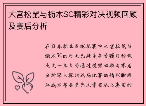 大宫松鼠与枥木SC精彩对决视频回顾及赛后分析