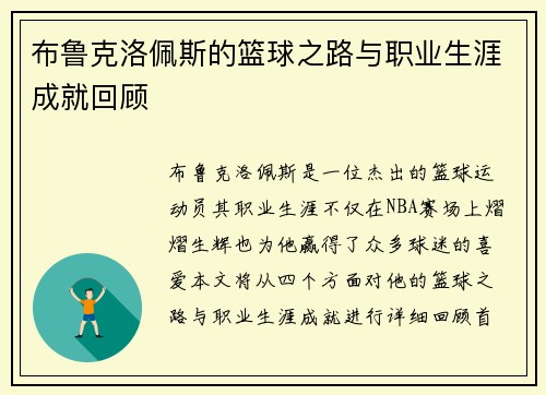 布鲁克洛佩斯的篮球之路与职业生涯成就回顾