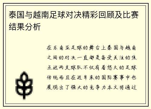泰国与越南足球对决精彩回顾及比赛结果分析