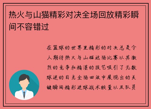 热火与山猫精彩对决全场回放精彩瞬间不容错过
