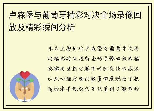 卢森堡与葡萄牙精彩对决全场录像回放及精彩瞬间分析